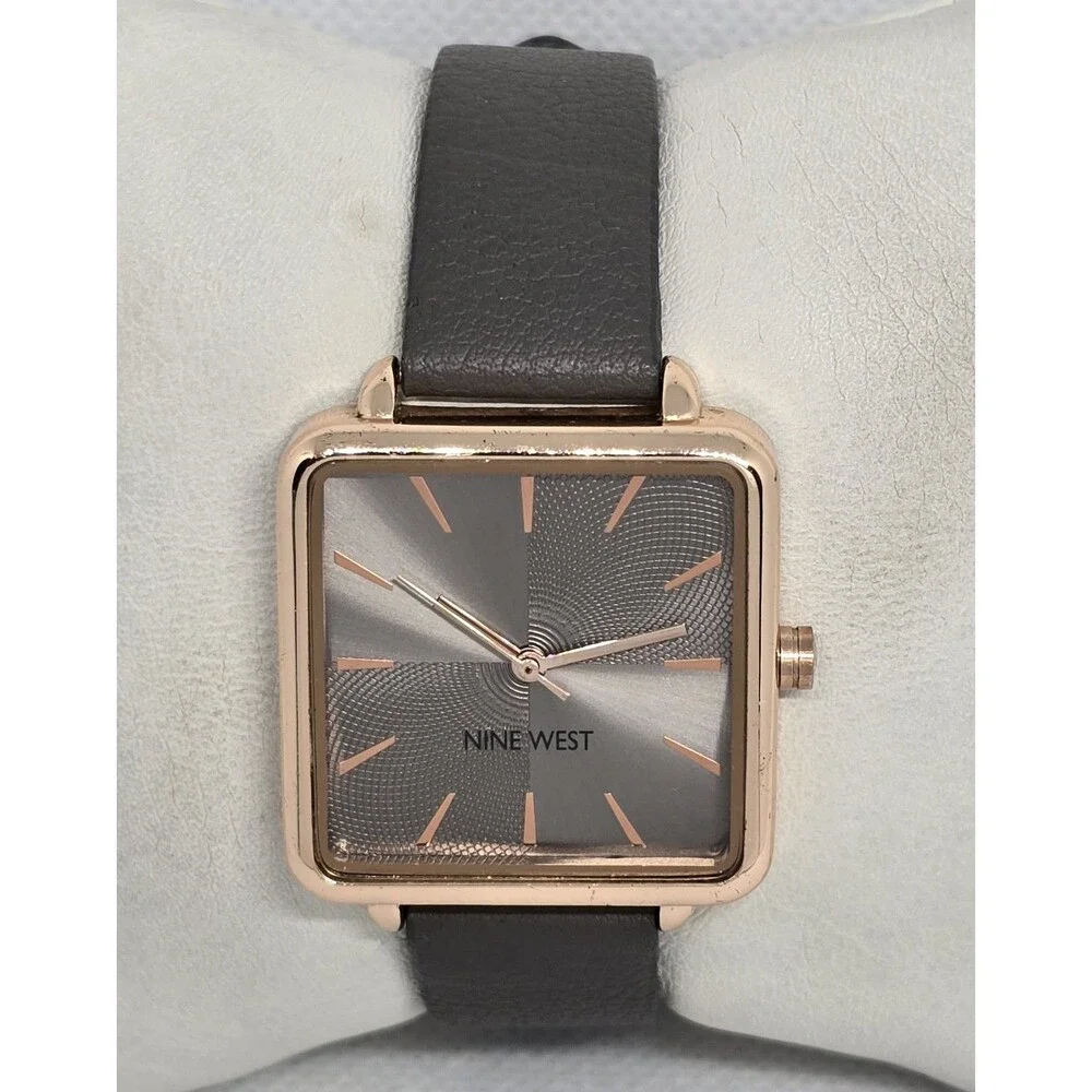 Women's Nine West Casual Square Rose Gold Tone Case Gray Leather Strap Watch 13 - Picture 5 of 9